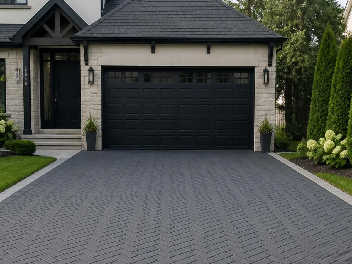 Charcoal grey paver driveway laid in a herringbone pattern up to a garage