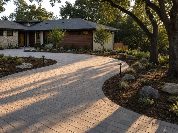 Curved paver driveway in tumbled sand and gray units opening into a motor court