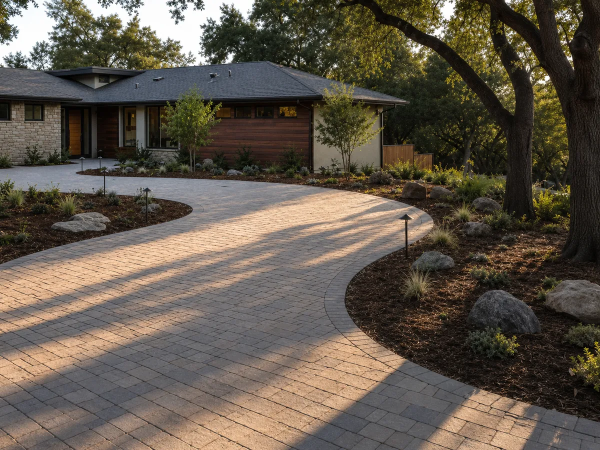 Curved paver driveway in tumbled sand and grey units opening into a motor court