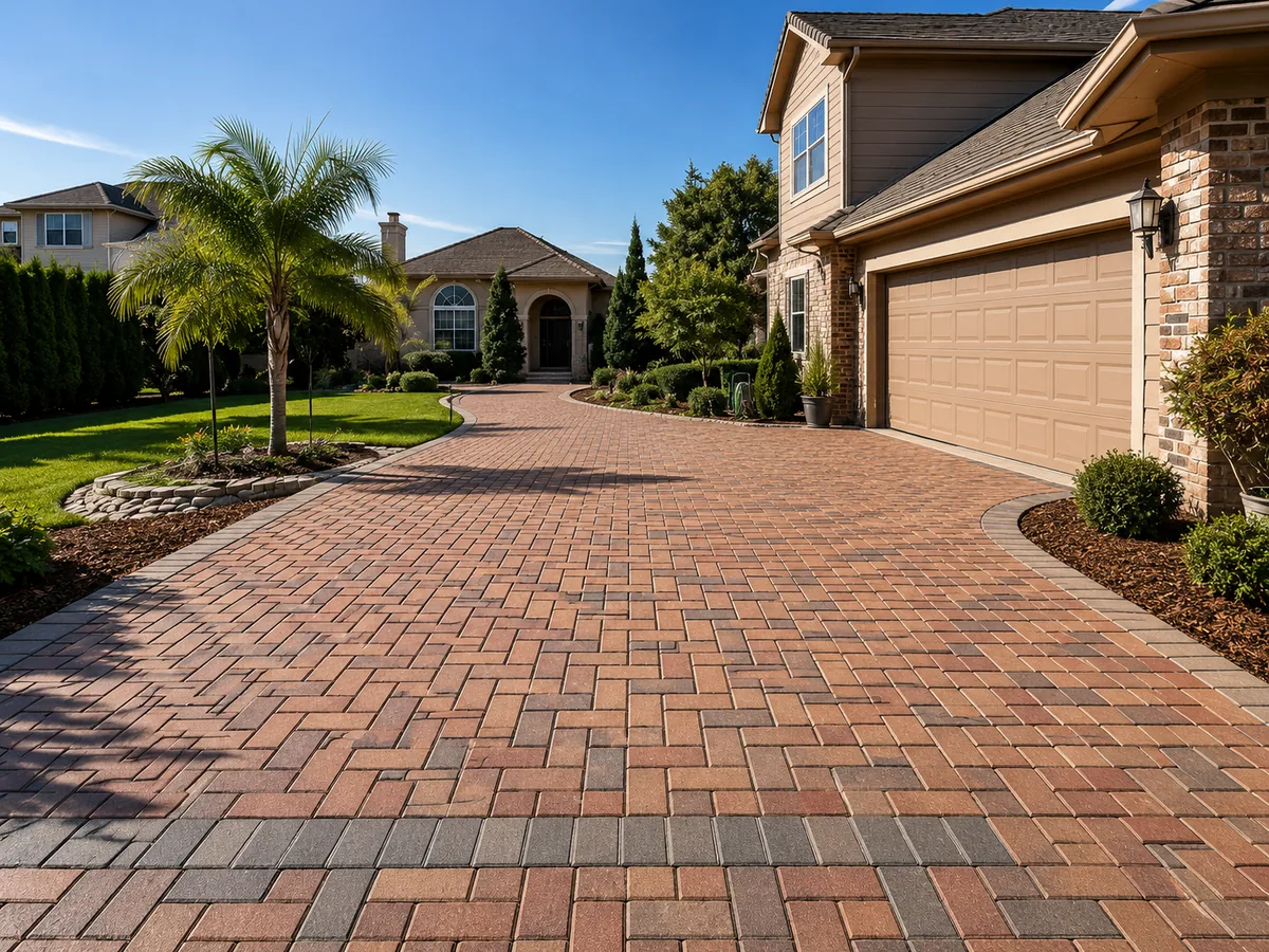Terracotta paver driveway laid in a herringbone pattern running to a two-car garage