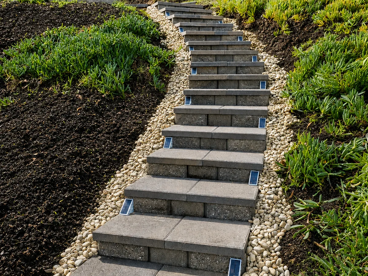 Paver treads on wall block risers climbing a slope with a cobble drainage channel