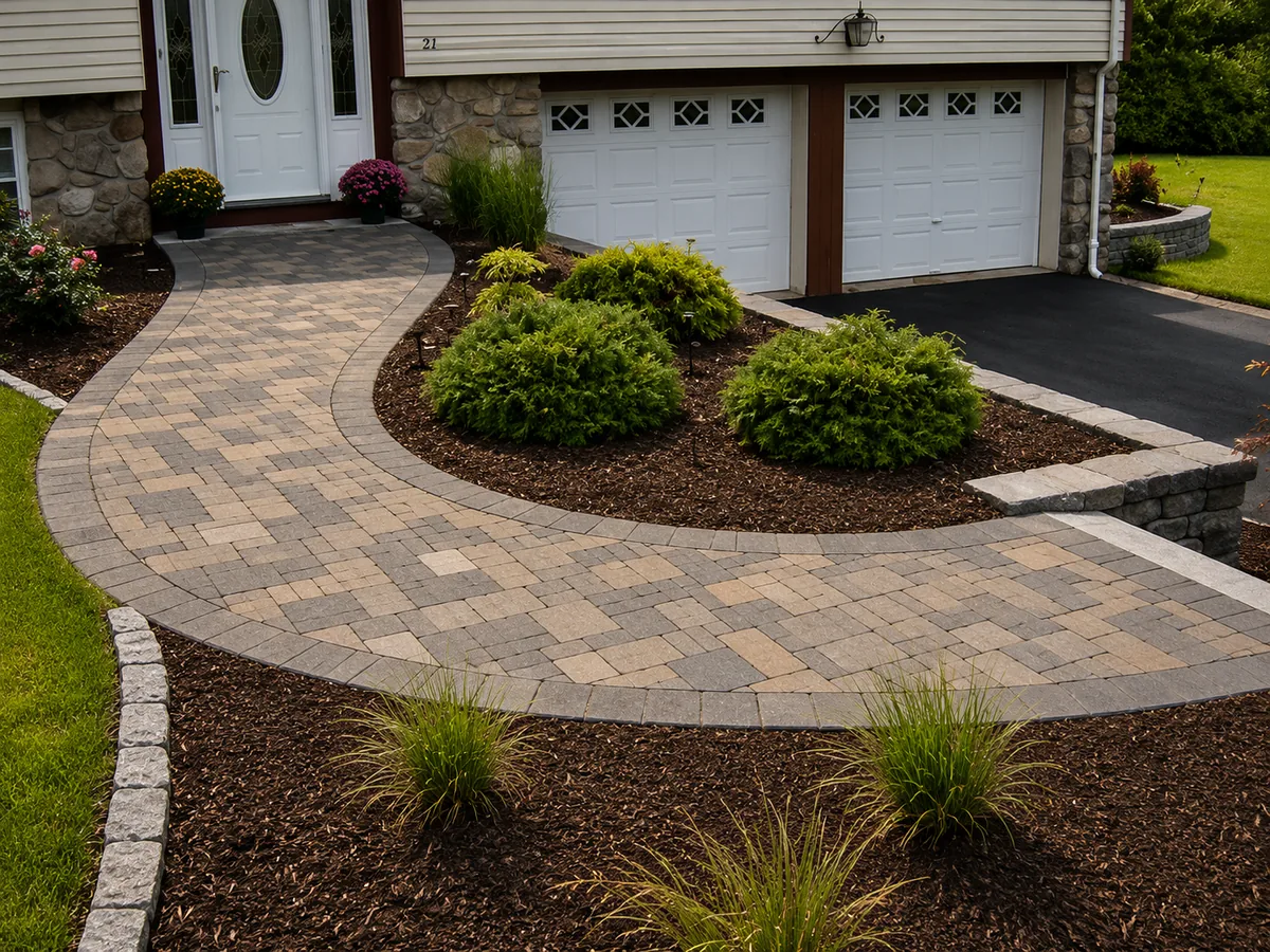 Curved paver walkway with a soldier course border and cobble edging leading to a front door